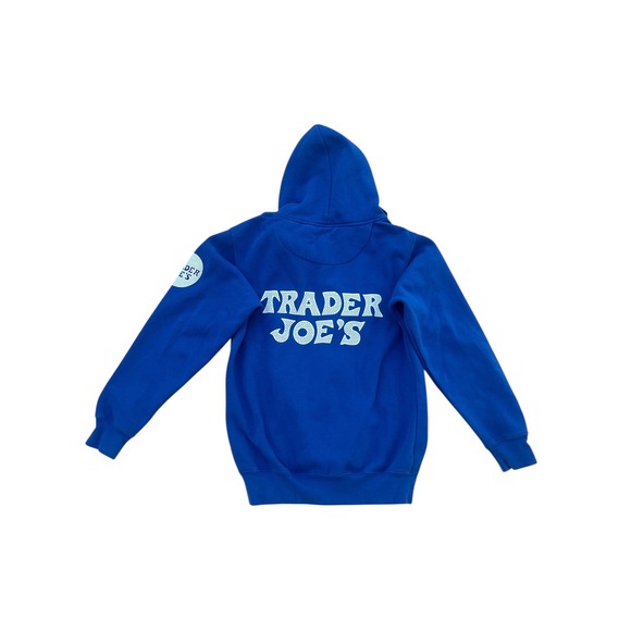 Trader Joes Employee Uniform Zip Up Hoodie Royal Blue Graphic Sweatshirt - Picture 2 of 2